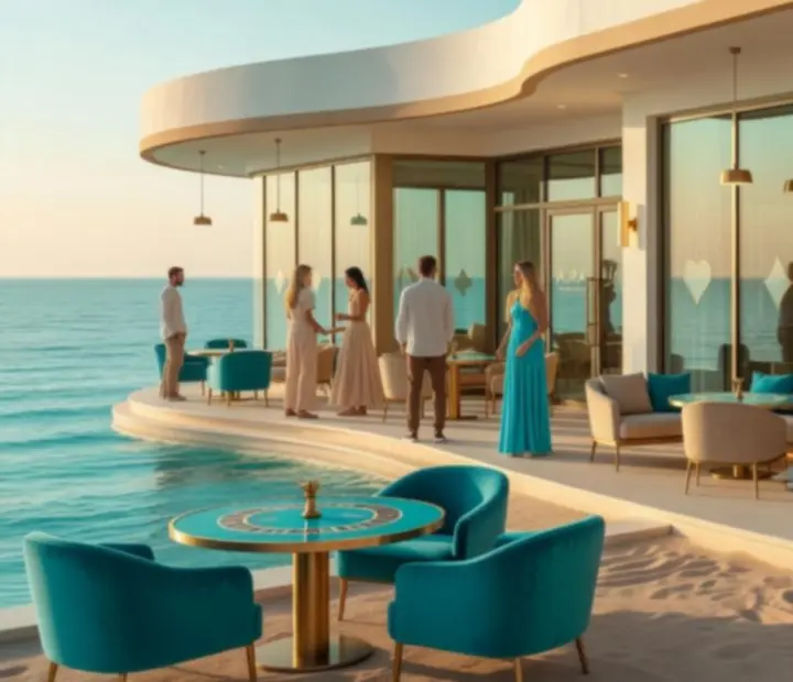 Eksterijer AtelSea casino restorana uz more u večernjem ugođaju