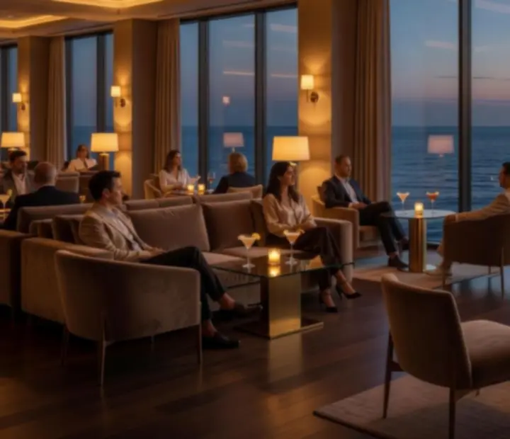 Lounge zona u večernjoj atmosferi s pogledom na more u AtelSea restoranu